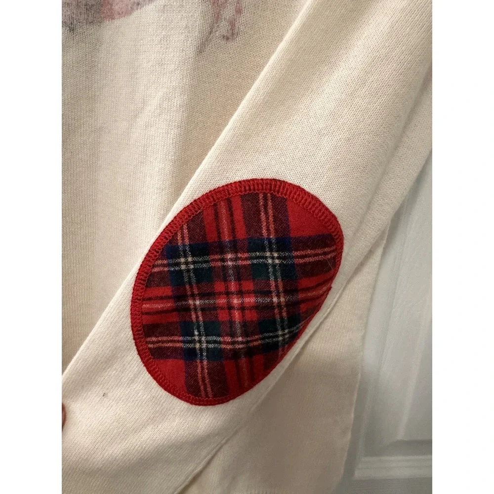 J.McLaughlin Wool Angora Sweater Sz S Elbow Patch Buffalo Plaid Reindeer Holiday